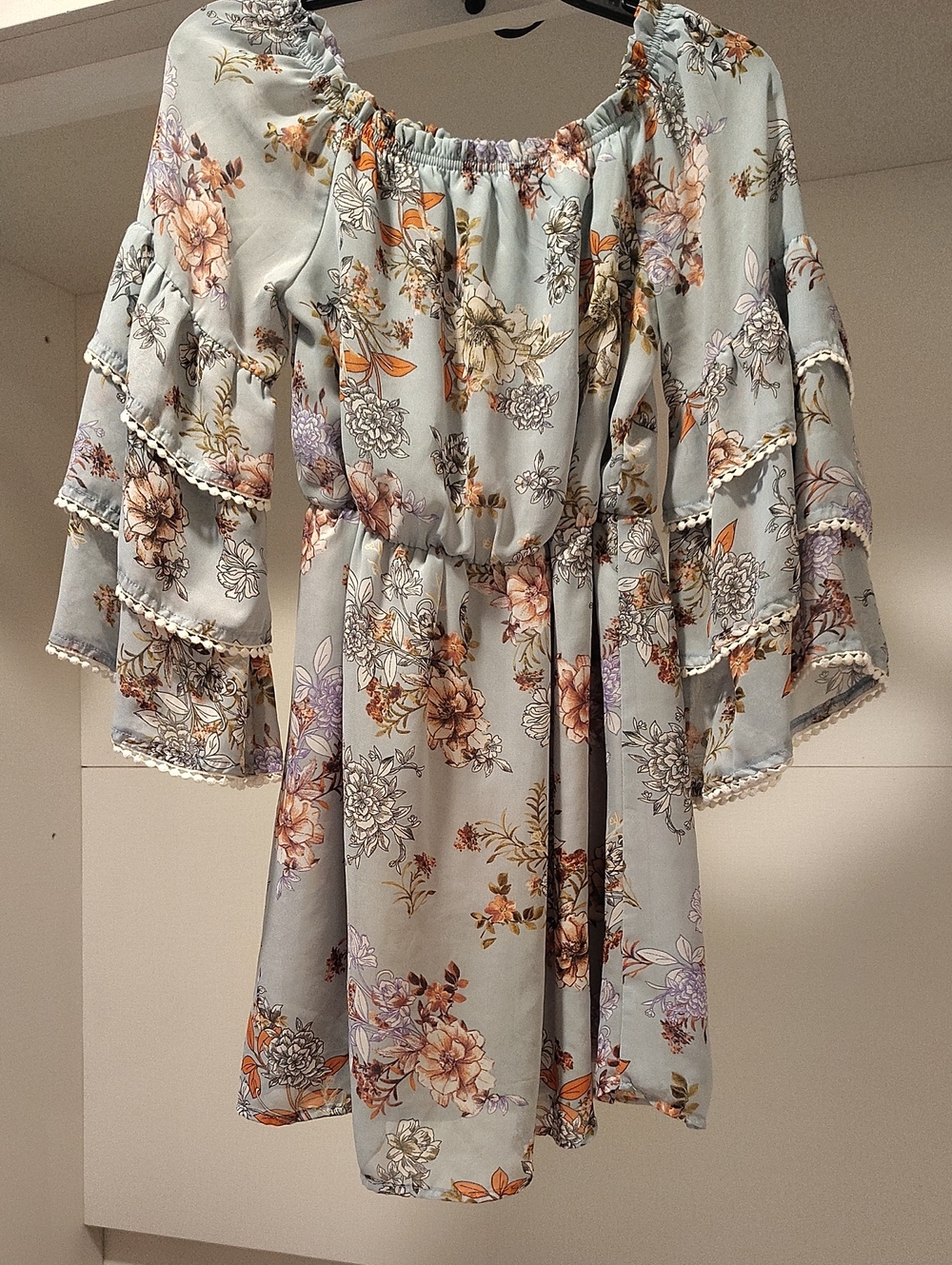 Blue Floral Bell Sleeve Boho Dress Small
